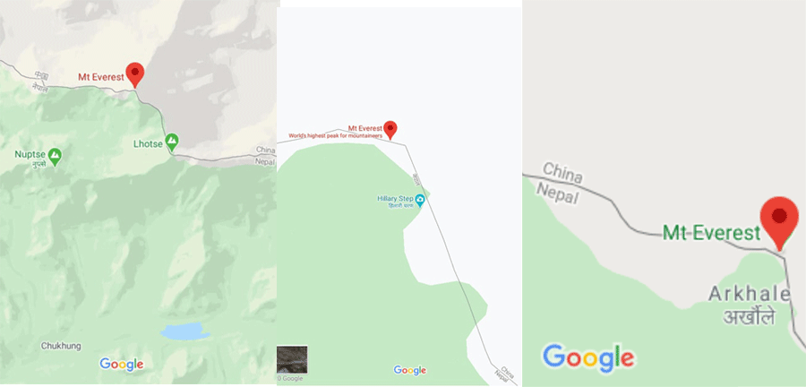 गुगल म्यापले  देखिएको सगरमाथा चीनतर्फ